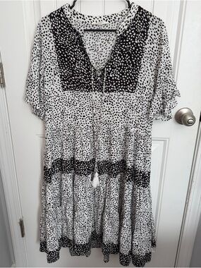 Black & White Dot Tie-Front Tiered Dress